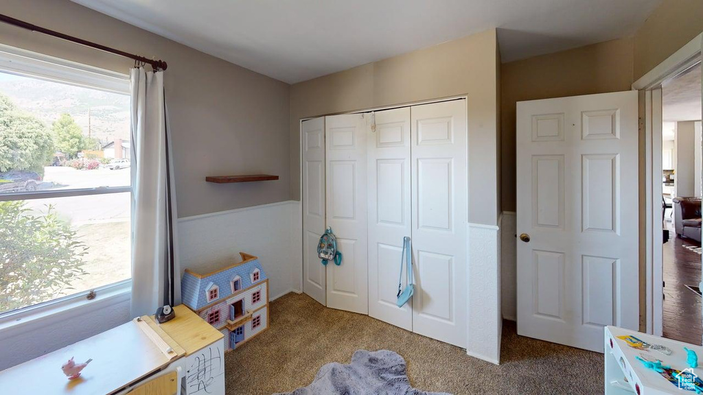 Bedroom with wainscoting, a closet, and carpet floors