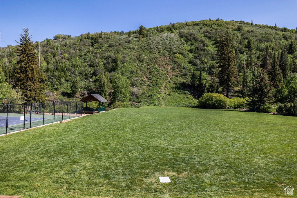 View of yard featuring a tennis court and a forest view