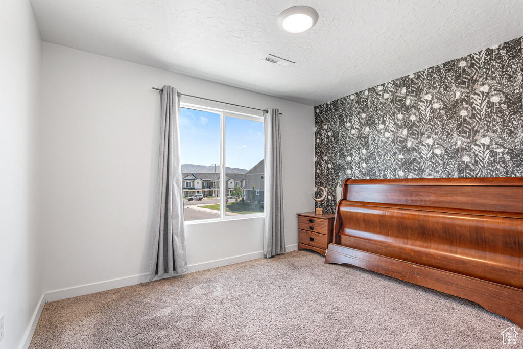 Bedroom featuring a textured ceiling, carpet, baseboards, and an accent wall