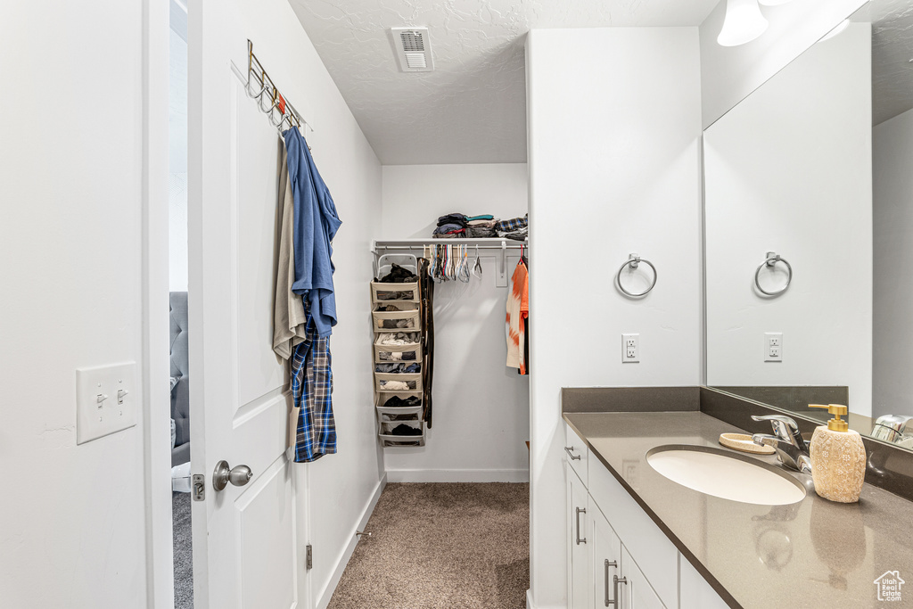 Bathroom featuring vanity, baseboards, a walk in closet, and a textured ceiling