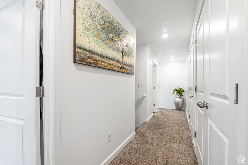 Hallway with carpet floors, baseboards, and recessed lighting