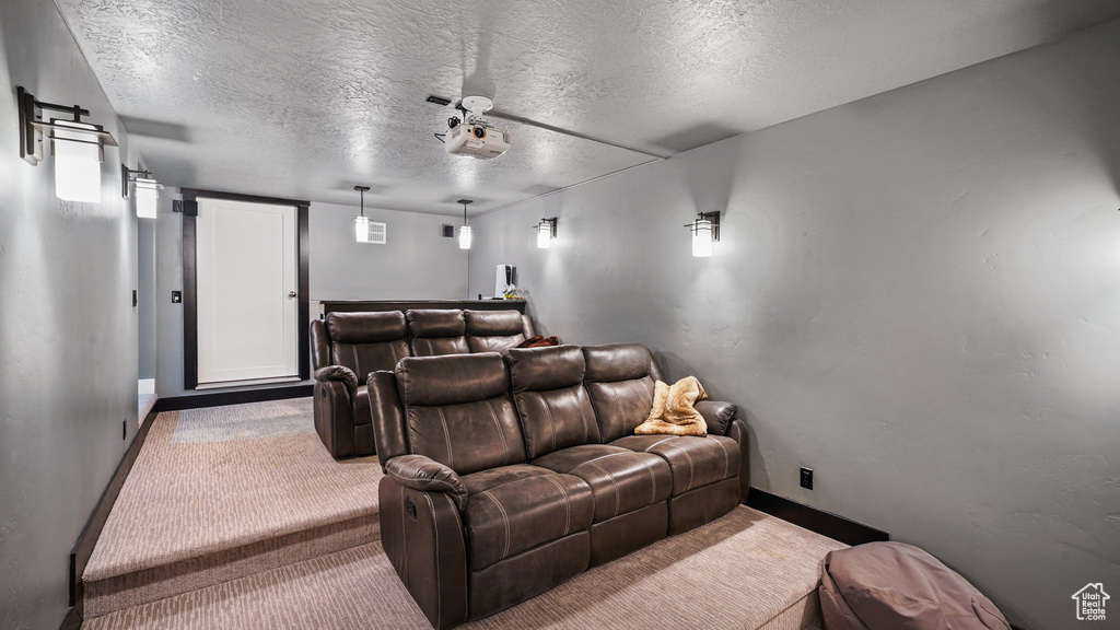 Cinema with carpet flooring, baseboards, and a textured ceiling