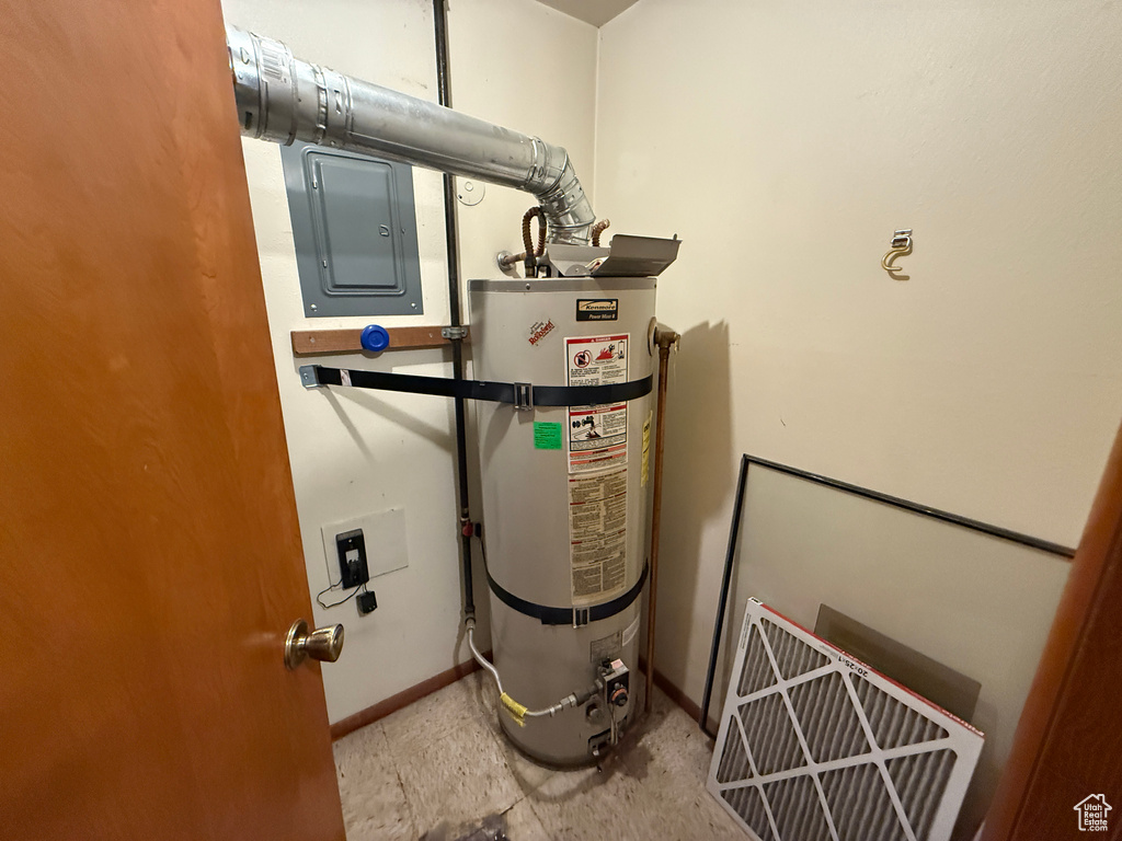 Utility room featuring water heater and electric panel