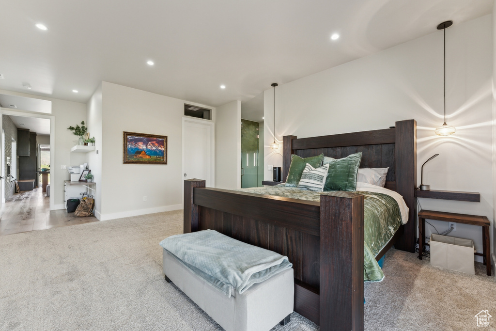 Bedroom featuring carpet, recessed lighting, and baseboards