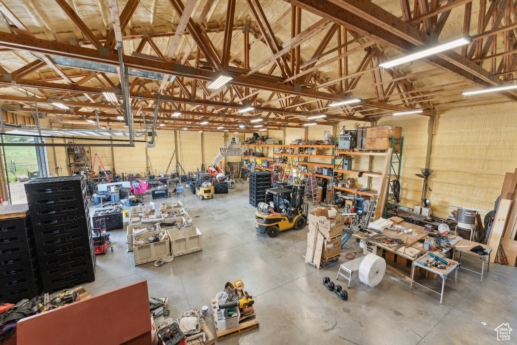 Garage featuring a workshop area