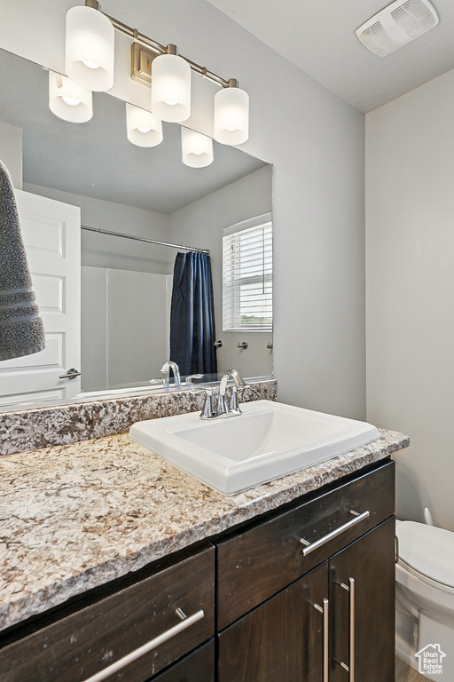 Full bathroom with vanity, toilet, and a shower with shower curtain