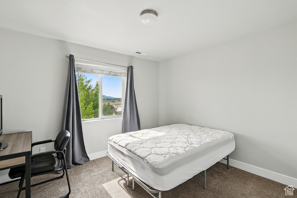 Bedroom with baseboards, carpet floors, and an office area