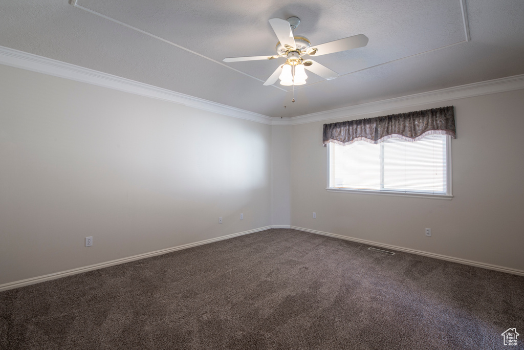 Carpeted spare room featuring crown molding, ceiling fan, and baseboards