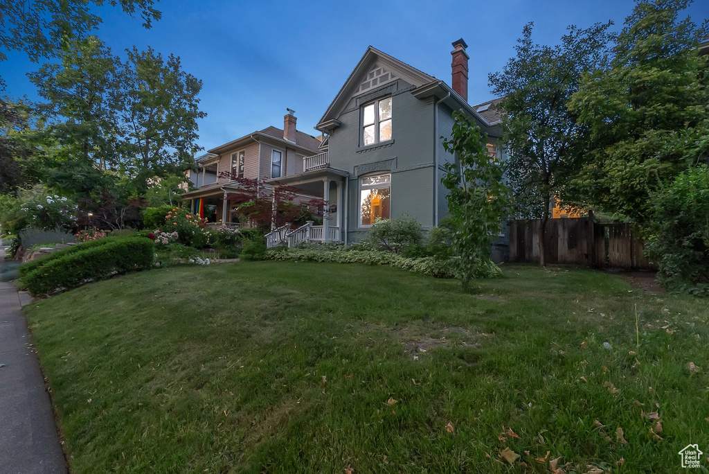 View of home\'s exterior with a chimney