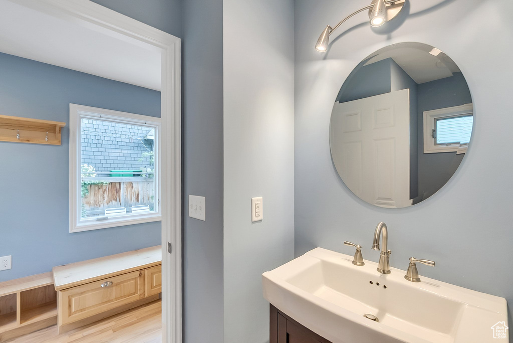 Bathroom with wood finished floors and vanity