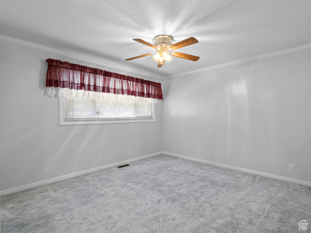 Spare room with ornamental molding, a ceiling fan, a textured ceiling, and baseboards