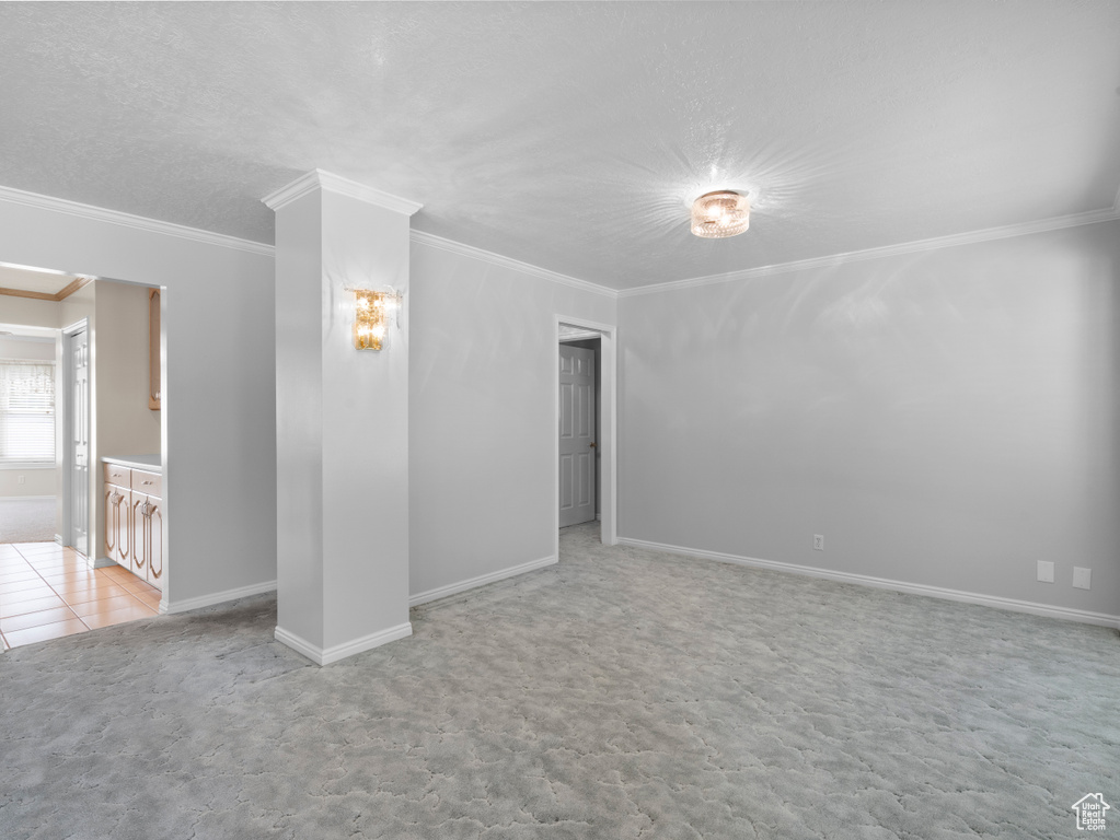 Empty room with crown molding, light carpet, and baseboards