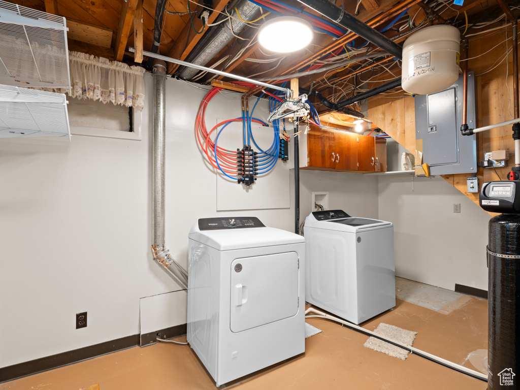 Laundry room with independent washer and dryer and electric panel