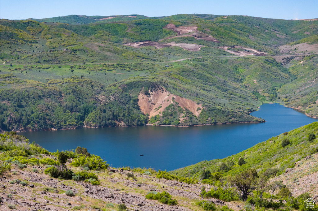 View of property location featuring a water and mountain view and a forest