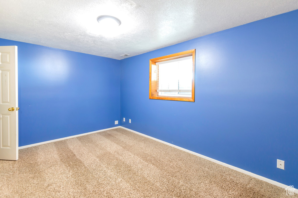 Empty room featuring carpet flooring and a textured ceiling