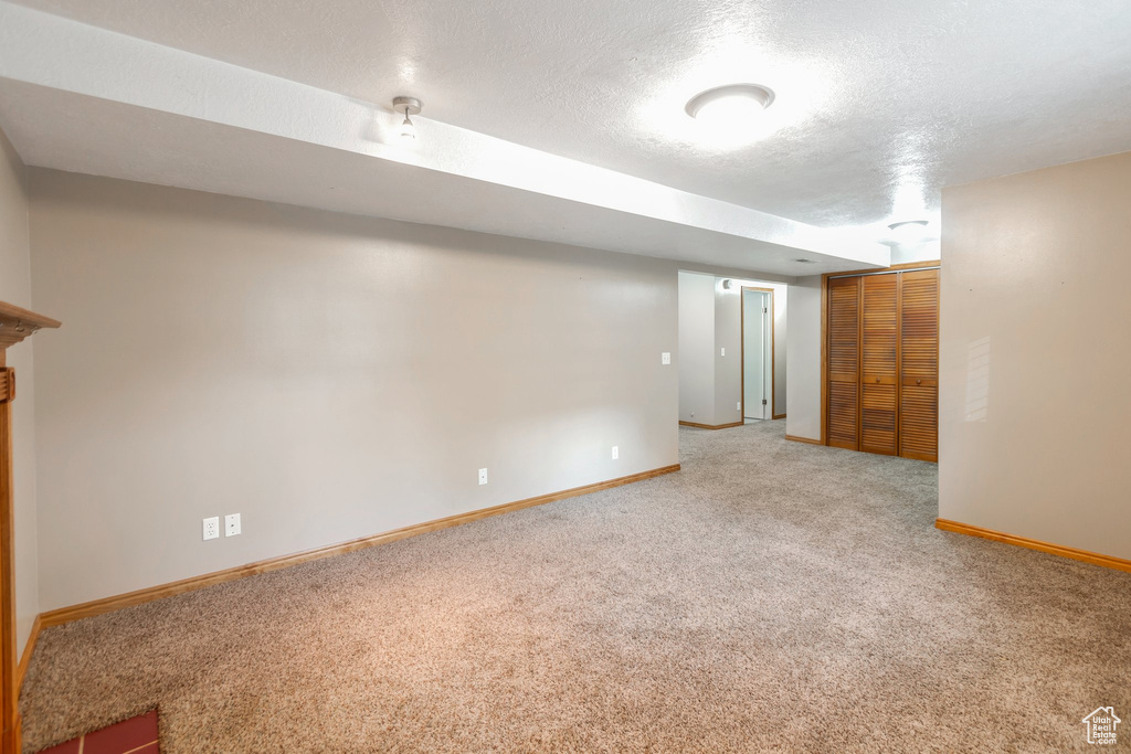 Finished below grade area with carpet and a textured ceiling