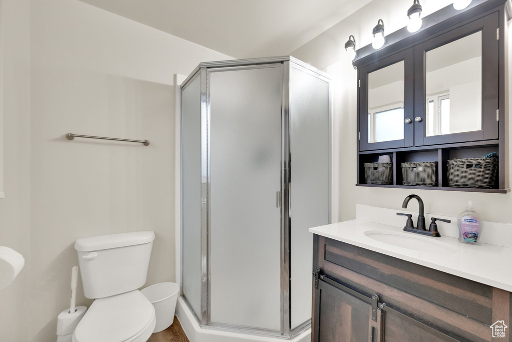 Bathroom featuring vanity, toilet, and a shower stall