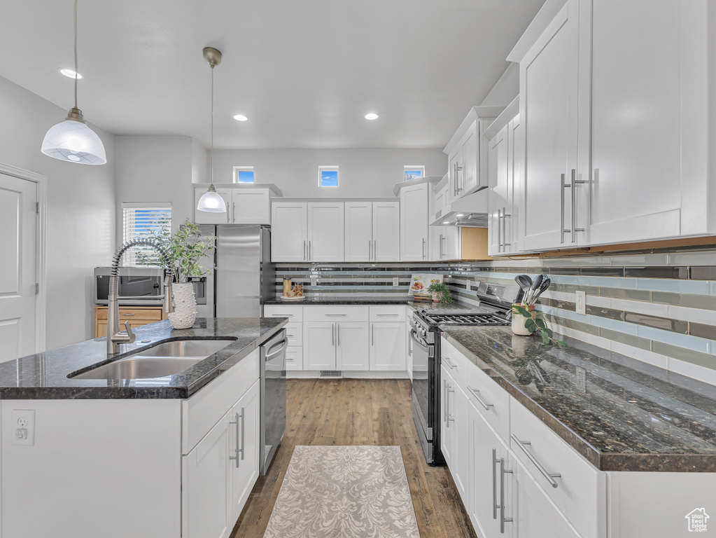Kitchen featuring stainless steel appliances, under cabinet range hood, backsplash, a sink, and white cabinetry