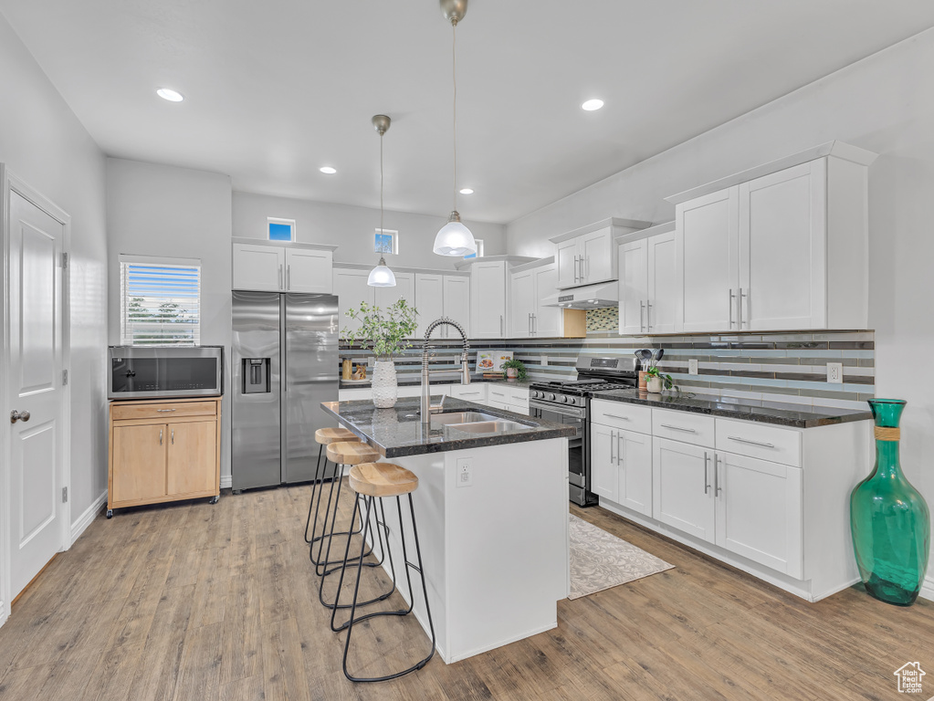 Kitchen featuring appliances with stainless steel finishes, a sink, tasteful backsplash, white cabinets, and recessed lighting