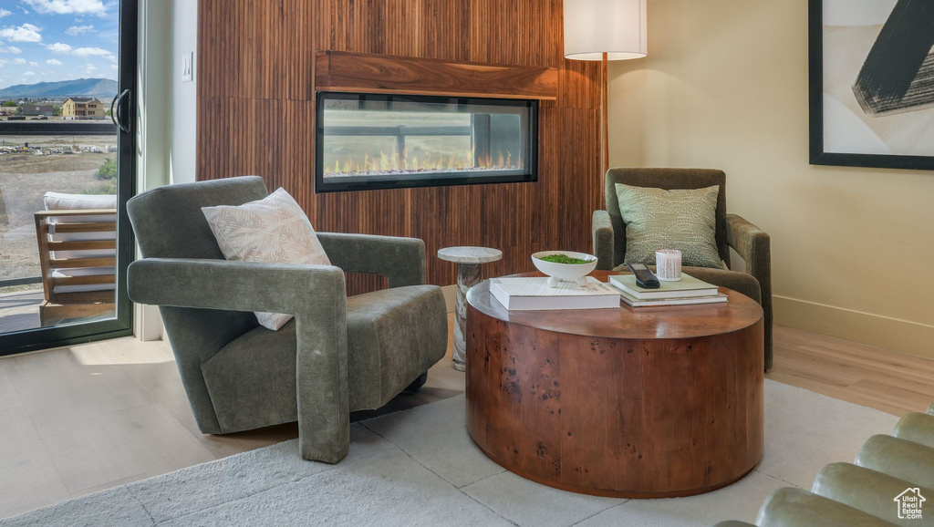 Living area with a mountain view, wood finished floors, and baseboards