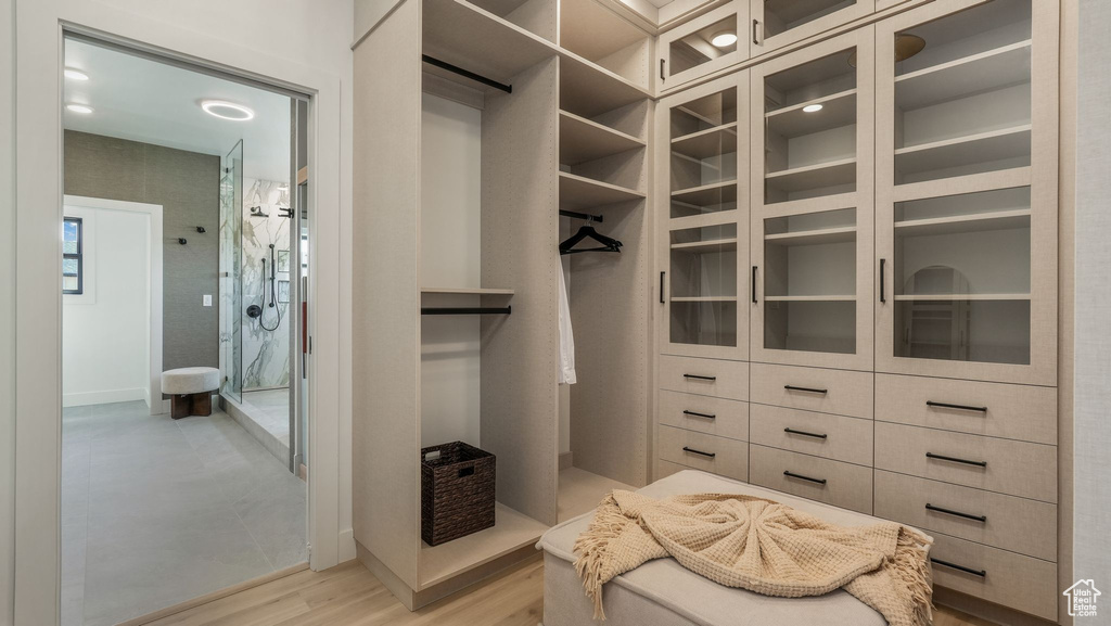 Walk in closet with light wood-type flooring
