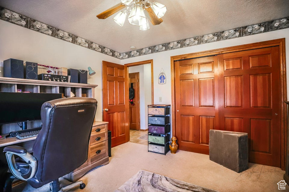 Office space featuring a ceiling fan, light colored carpet, and a textured ceiling