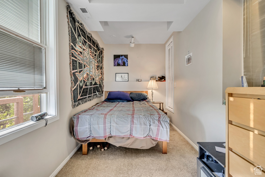 Carpeted bedroom featuring baseboards and a closet