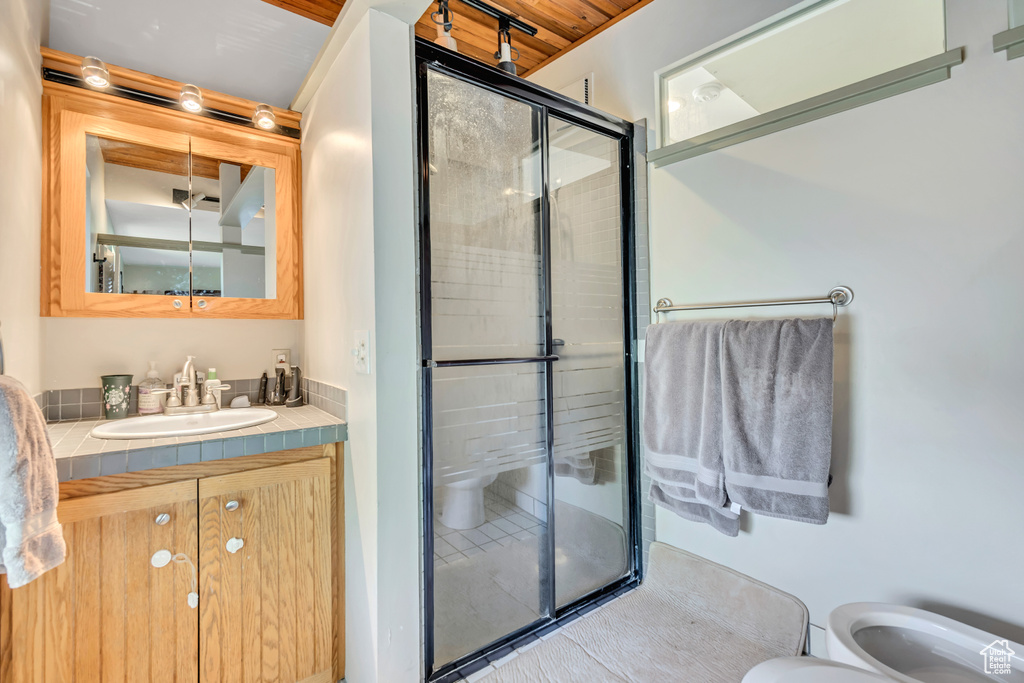 Full bathroom featuring toilet, a stall shower, and vanity