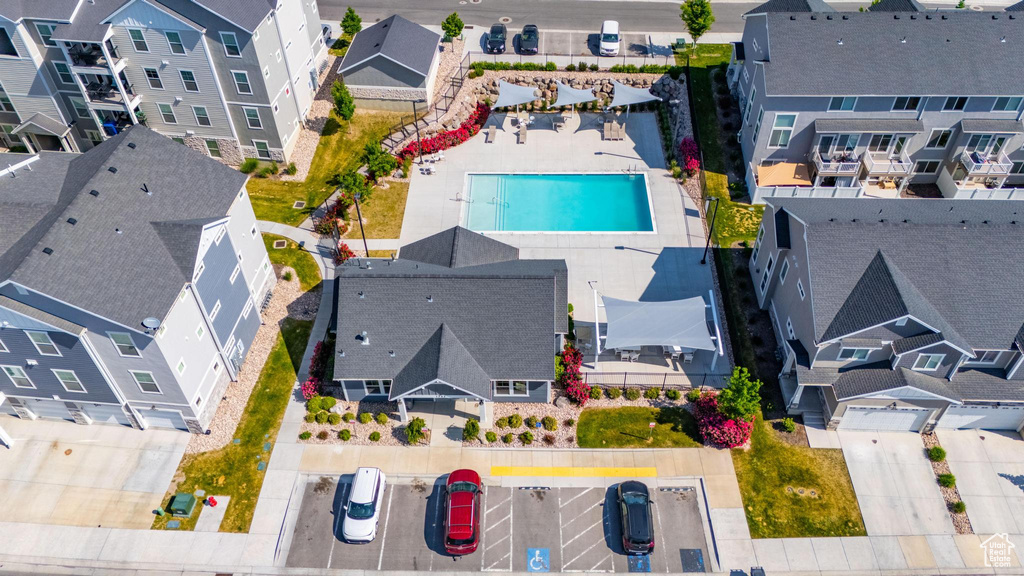 Aerial view of residential area with a pool