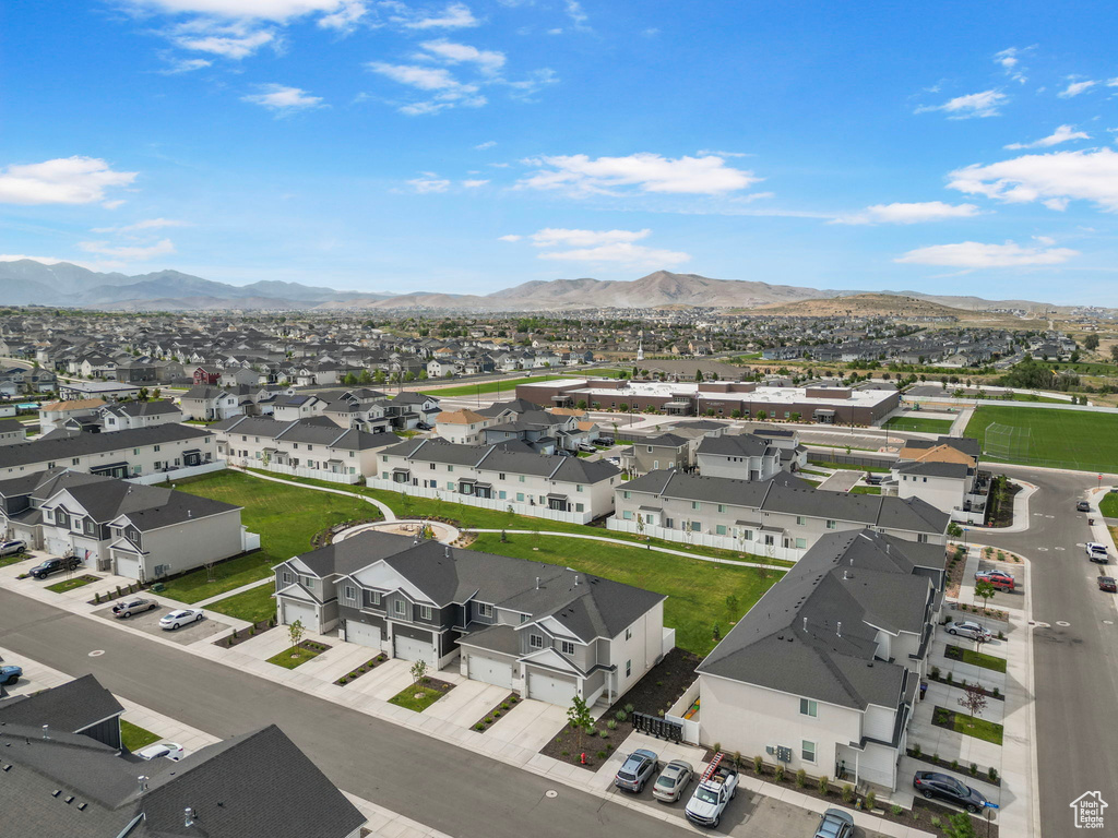 Aerial view of residential area with mountains