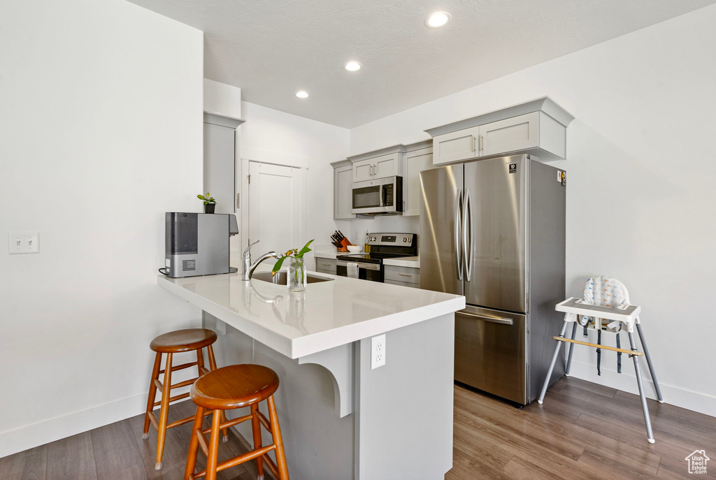 Kitchen with stainless steel appliances, a sink, gray cabinetry, a kitchen breakfast bar, and a peninsula
