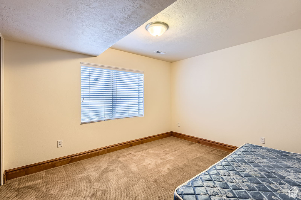 Unfurnished bedroom featuring carpet flooring, a textured ceiling, and baseboards
