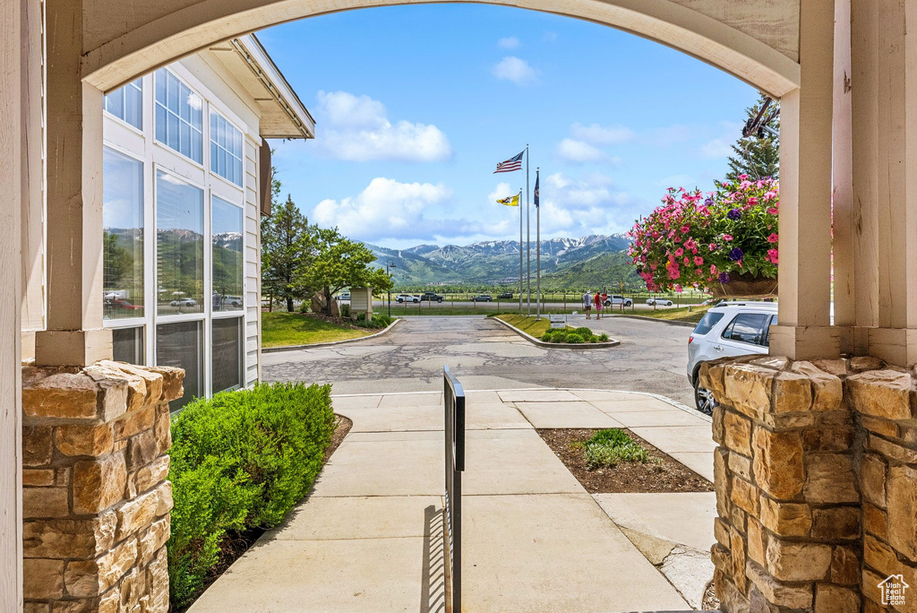 View of patio / terrace featuring a mountain view