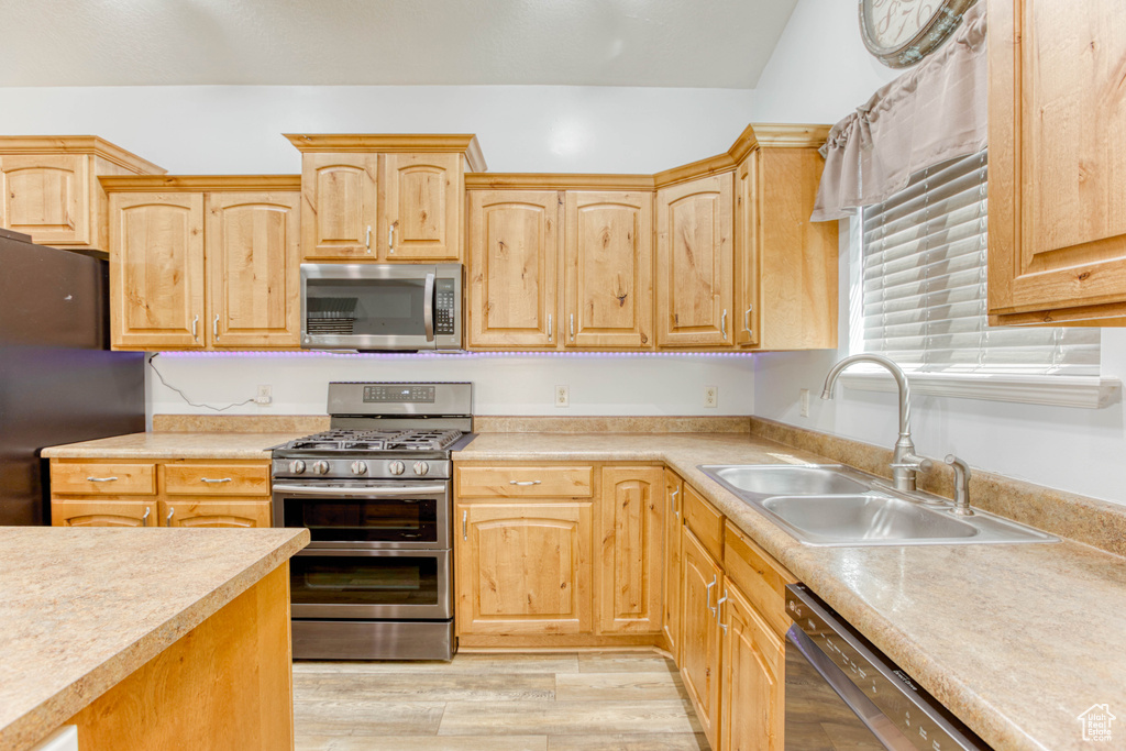 Kitchen featuring stainless steel appliances, light brown cabinetry, a sink, and light countertops