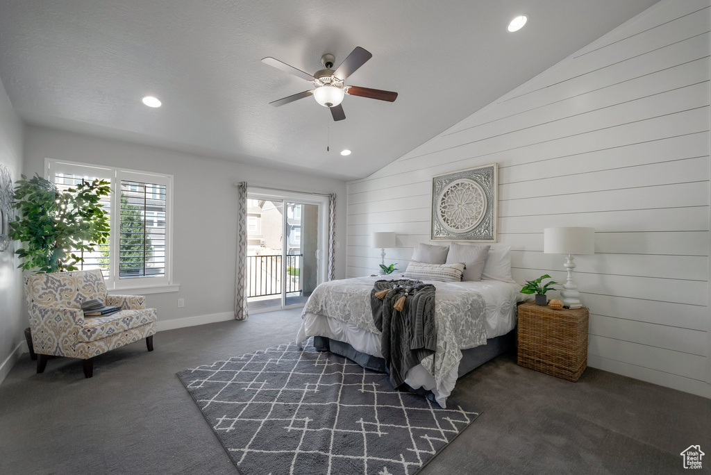 Carpeted bedroom with access to outside, vaulted ceiling, recessed lighting, ceiling fan, and baseboards