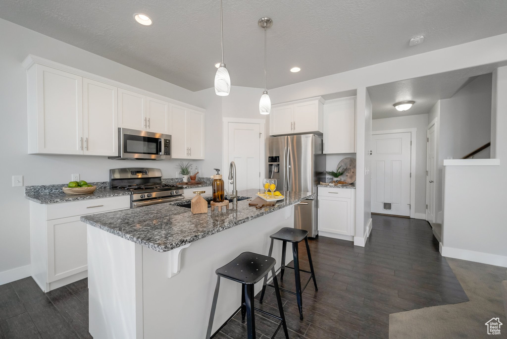 Kitchen featuring stainless steel appliances, a kitchen bar, dark wood-style floors, dark stone countertops, and recessed lighting