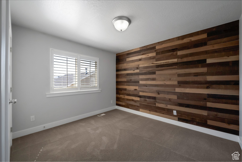 Carpeted spare room with wooden walls and baseboards