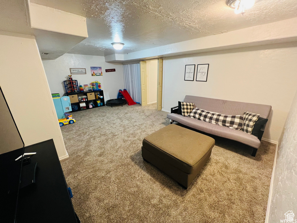 Carpeted living room with a textured ceiling