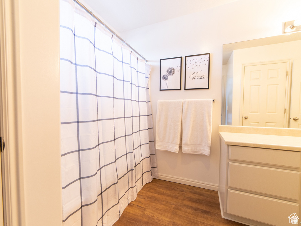 Full bathroom featuring vanity, wood finished floors, and curtained shower