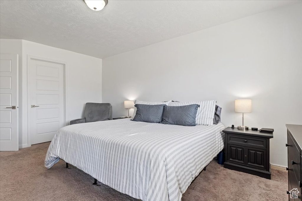 Bedroom with carpet floors, baseboards, and a textured ceiling