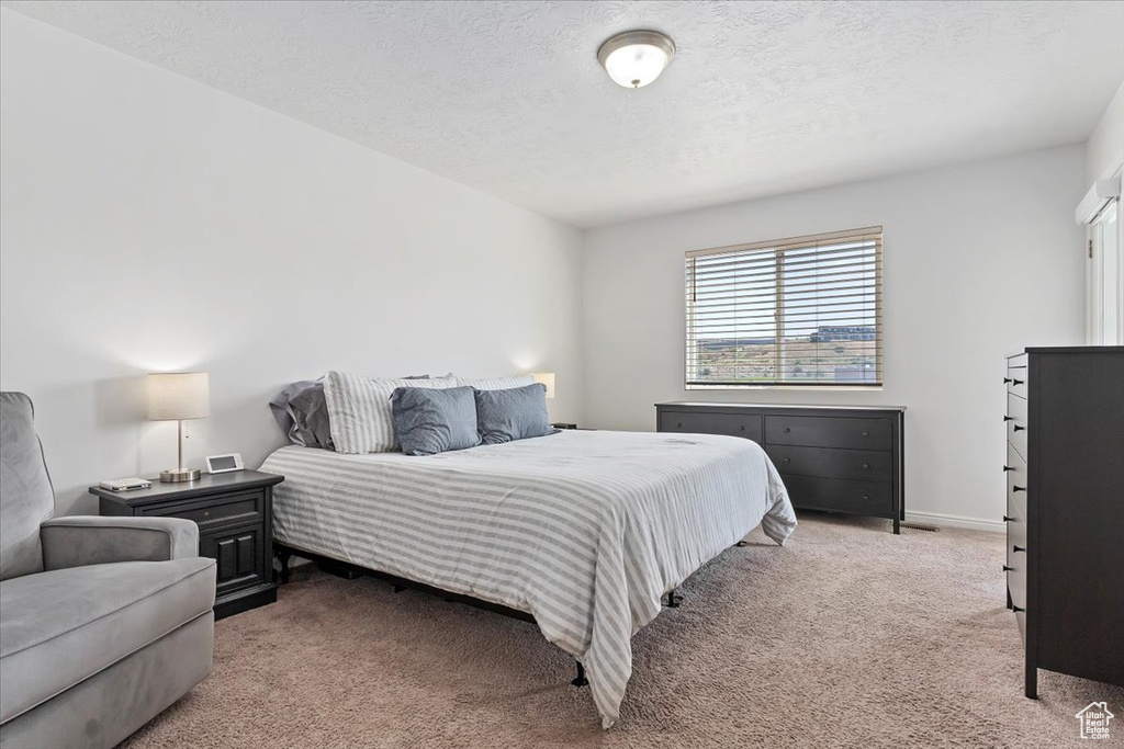 Carpeted bedroom with a textured ceiling