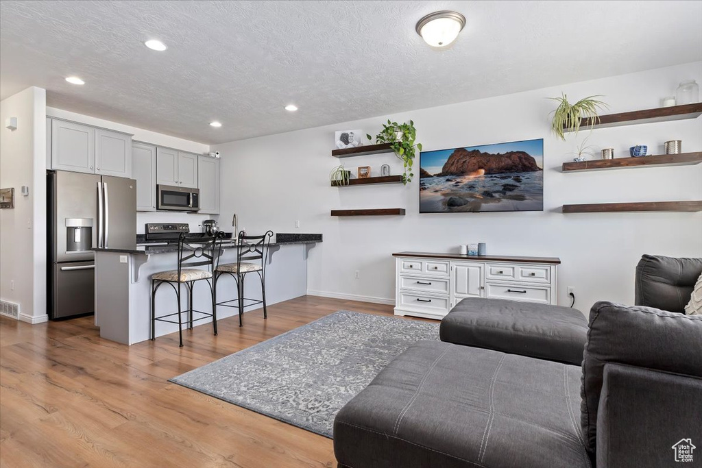 Living area with recessed lighting, wood finished floors, baseboards, and a textured ceiling