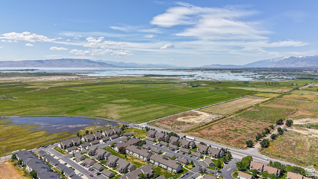 Aerial view of a water and mountain view