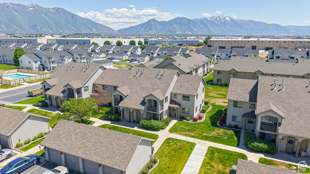 Aerial view of residential area with a mountain backdrop