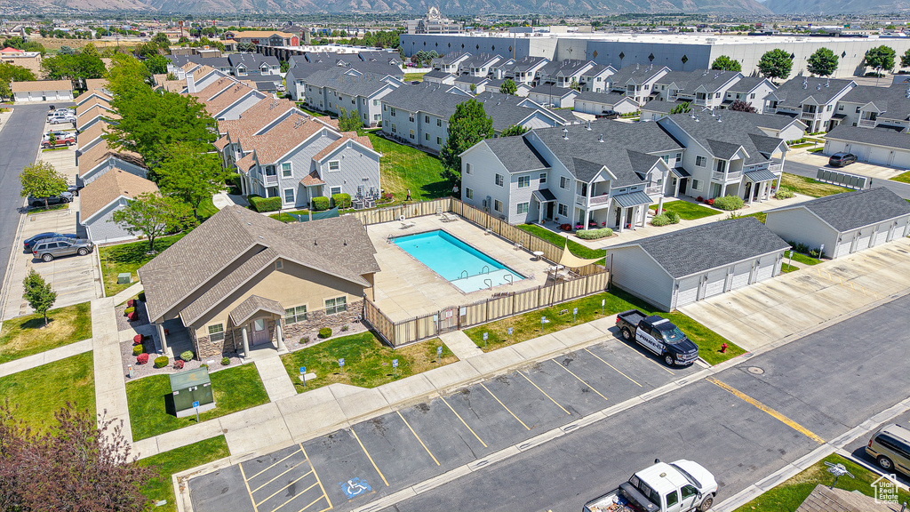 Aerial view of mountains and a pool