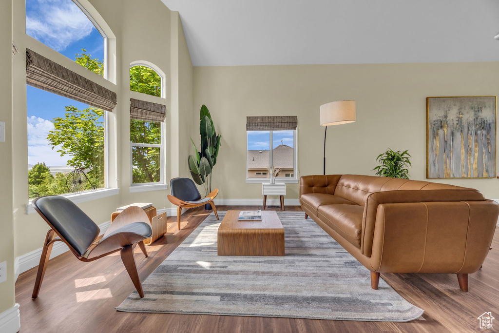 Living area with wood finished floors, baseboards, and high vaulted ceiling