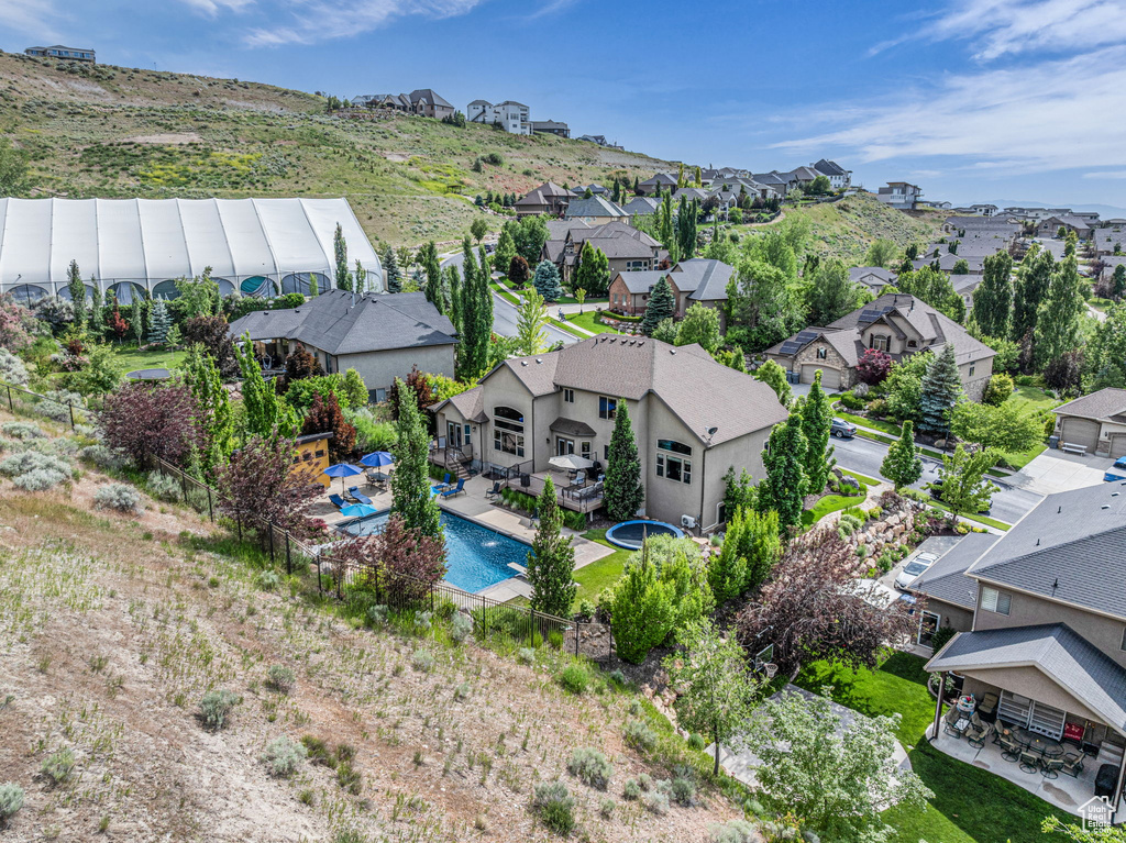 Aerial view of residential area with a pool