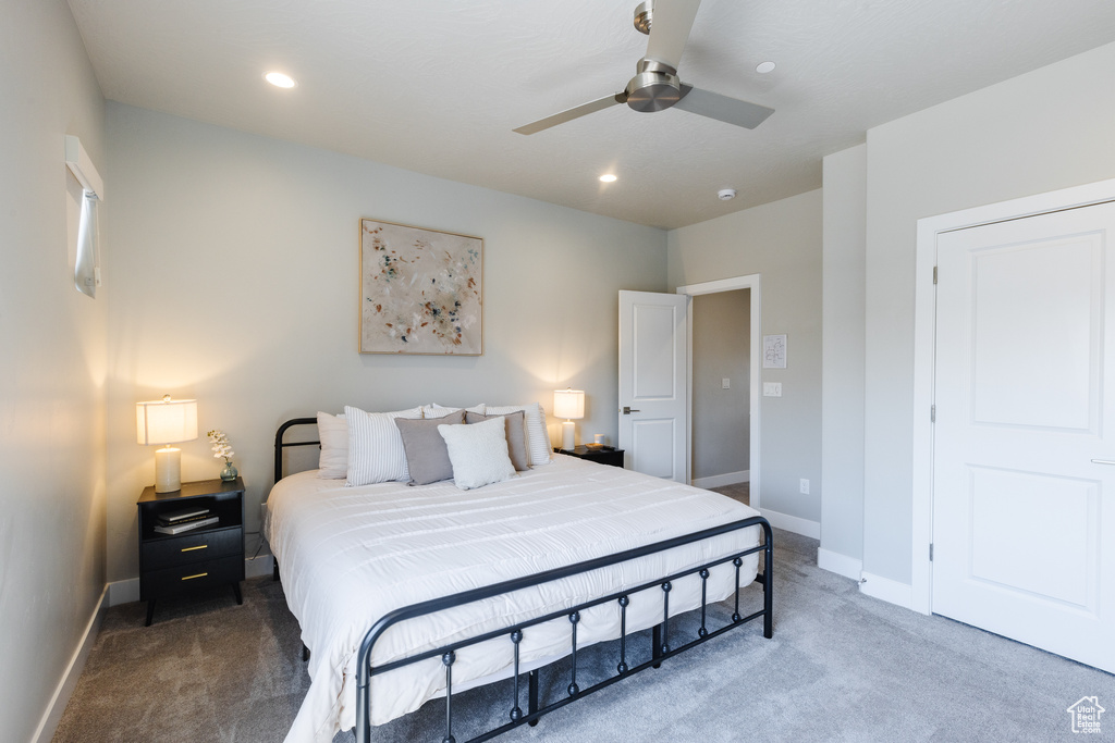 Bedroom with carpet flooring, baseboards, recessed lighting, and ceiling fan