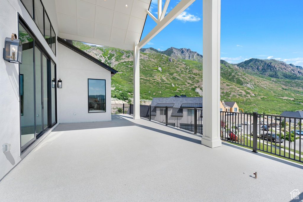 View of patio featuring a mountain view