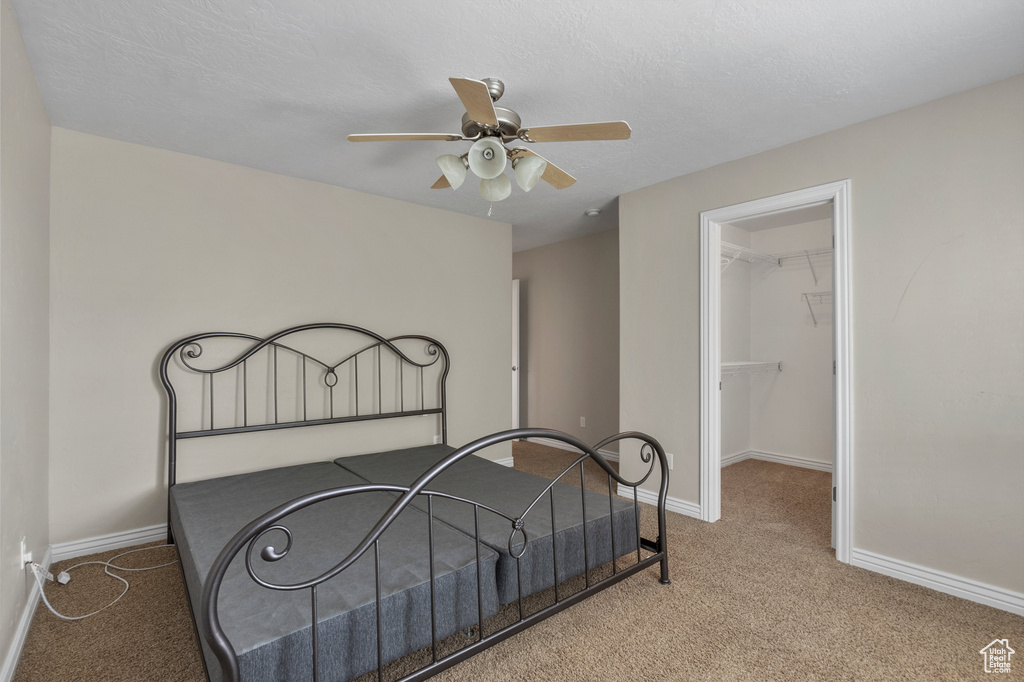Bedroom featuring carpet floors, a walk in closet, baseboards, ceiling fan, and a closet